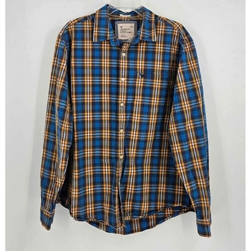 American Eagles Outfitters Athletic Fit Blue Yellow Plaid Button Front Shirt XL